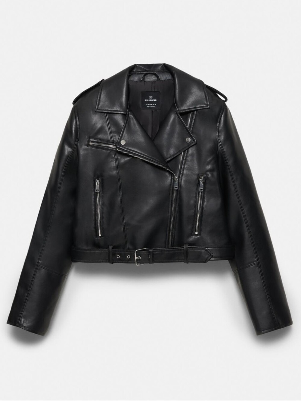 Pull&Bear Black Leather-Look Bomber Jacket with Branded Label runs M-type size